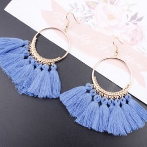 Bohemian Tassel Hoop Hook Earrings Gold Blue